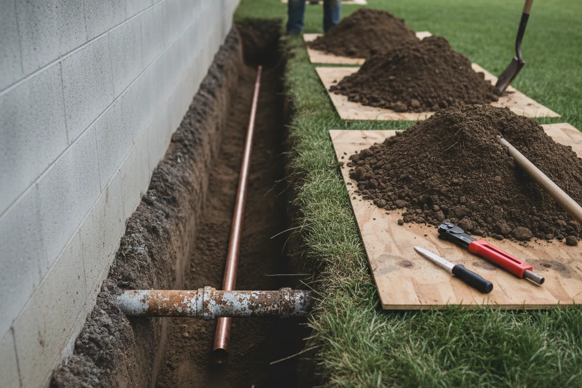 Excavated water line trench during Water Heater Repair in Wilmington